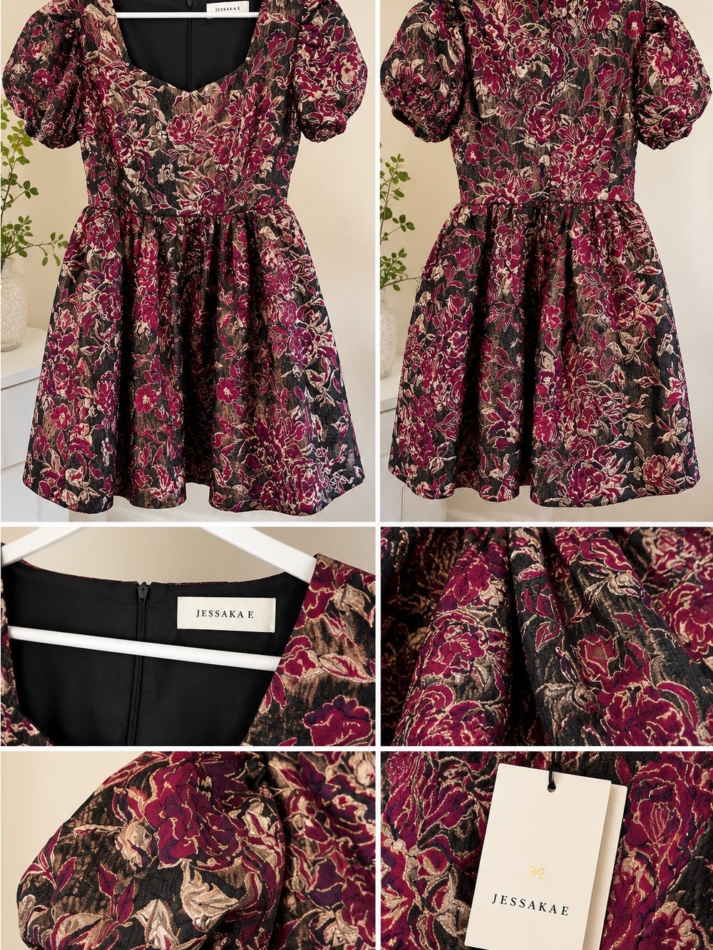 JessaKae Black and Burgundy Floral Jacquard Puff-Sleeve Dress